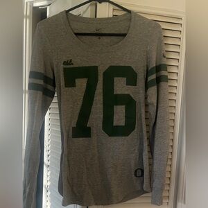 Women’s jersey style Nike Gray Oregon Long Sleeve Shirt with Green Accents